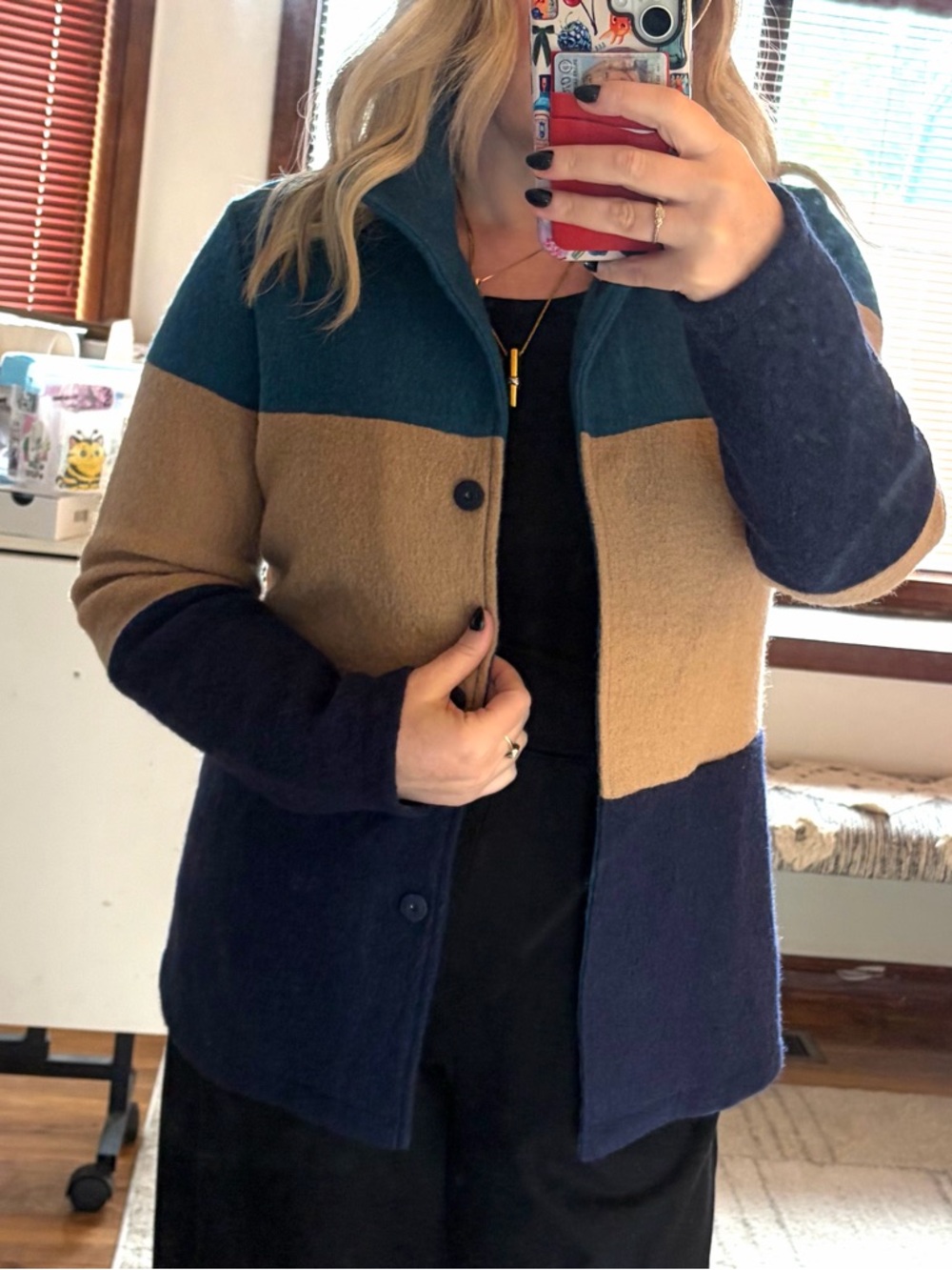 100% boiled wool Appleseed's jacket sweater sz S colorblock teal camel blue